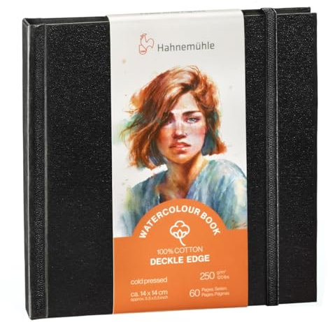 Hahnemühle Watercolour Book Deckle Edge, Aquarellbuch mit gerissenen Rändern, 100% Baumwolle, 250 g/m², matt, 30 Blatt/60 Seiten (ca. 14x14 cm)