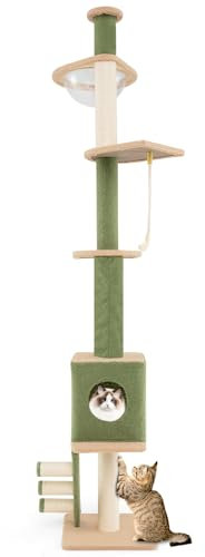 GYMAX 218-253cm Arbre à Chat du Sol au Plafond à 5 Niveaux avec Hauteur Réglable, Griffoir en Sisal, Capsule Spatiale, Condo, Plates-Formes de Saut, Échelle de Grattage, Centre d'Activité pour Félins