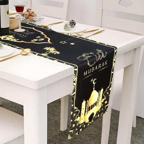 JIANGZHIB Ramadan Tischläufer, Ramadan Deko Schwarz Tischläufer, Mond Moschee Tisch Eid Mubarak Dekoration, Eid Mubarak Tischdeko für Islamic Muslim Eid Mubarak Ramadan