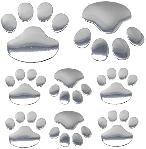 AEIOPRS 8 Pcs 3D Chrom Hund Pfote Fußabdruck Auto Aufkleber Autozubehör Pfotenabdruck Auto Emblem Aufkleber Dekoration Abzeichen Silber