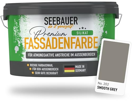 SEEBAUER diy Silikat-Fassadenfarbe Grau 5L für Außen (No. 202 Smooth Grey) Atmungsaktive Mineralfarbe für Fassaden - Geeignet für Putz, Mauerwerk und Beton