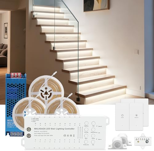 COB LED Motion Sensor Stair Lights Kit 16 Steps 6000K with Wireless Switch | Daylight Sensor, 12 Dynamic Modes, Step-by-Step Lighting, 1m Cuttable COB LED Strip, Dimmable for Indoor Stair Lights
