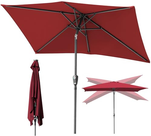 Ikodm Parasol rectangulaire avec manivelle - 300 x 200 cm - Rouge - Parasol de terrasse - Protection solaire UV 50+ - Pliable - Imperméable - Sans support
