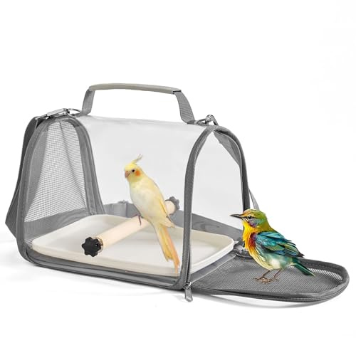 Gxdamxz Vogelkäfig, Vogel Transportbox mit Holzstab & Tablett für Sittiche/Wellensittich, Bird Transport Box, Grau, 33x23x21cm