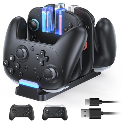 FASTSNAIL Ladestation für Switch 1/2 Pro Controller und Joycon 2 | Lädt 4 Joy-Con 2 & 2 Pro-Controller, Magnetisches Andock-System, 6 LED-Ladeanzeigen, Schlankes Design, Integrierter Schutz