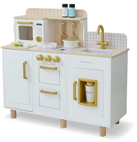 Teamson Kids Little Chef Hampton Holz-Kinderküche | Eiswürfelspender, Spüle, Klickknöpfe, 17 Zubehörteile
