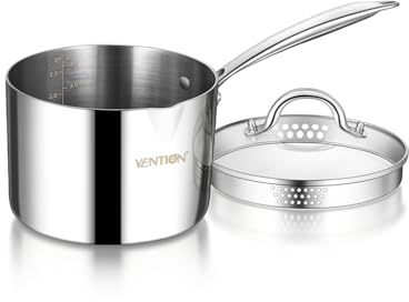 VENTION Tri-Ply Stainless Steel Draining Saucepan for Induction Hob 18cm | Small Pasta Pan with Strainer Lid, 3L Sauce Pan with with Pouring Lip