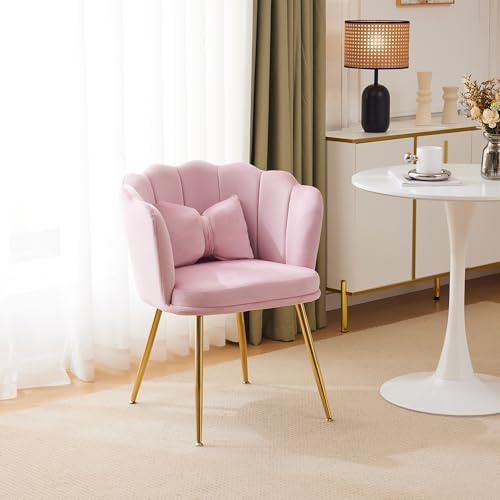 Goldicoo Fauteuil de salon en velours avec dossier en pétale, pieds en métal doré, coussin papillon, rose, 63 x 58 x 77 cm