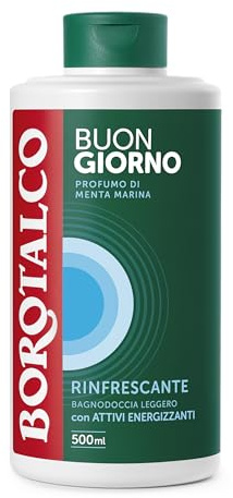 Borotalco, Buongiorno Duschgel, erfrischend, mit belebenden Wirkstoffen und Duft von Meeresminze, leichte Textur, spendet Frische und Vitalität, ideal für den Morgen, Flasche 500 ml