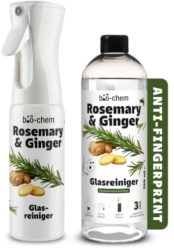 bio-chem Glasreiniger Konzentrat Rosemary & Ginger mit Flowra Refill | Duftsprühflasche mit 750ml Refill | für Fenster, Spiegel, Glastische & Küchenfronten