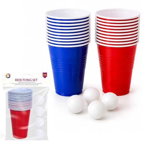 DID Beer Pong Set, Party Game Kit with Red Blue Cups & Ping Pong Balls for BBQs, Garden Games, Birthdays, Outdoor Gatherings Family Events, Parties & Celebration Entertainment (Pack of 24)