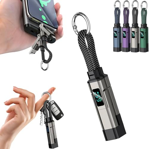 4-in-1 Digital Display Keychain Charging Cable, 65W Fast Charging Short Phone Lanyard Data, Cable Fit Light-ning/Type-C/USB-A/USB-C, Portable Multi Charge LED Display Digital Cord (Black)