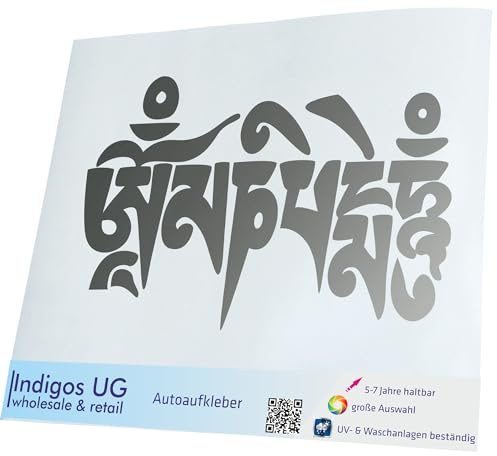 INDIGOS UG Auto Aufkleber Auto - 180x110 mm - Om Mani Padme Hum - Silber - Selbstklebender Sticker für Auto, Fenster, Bus oder LKW