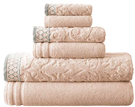 Amrapur Pacific Coast Textiles Damast Jacquard-Handtücher, mit Bordüre verziert, Baumwolle, Single, pfirsichfarben, 6 Stück