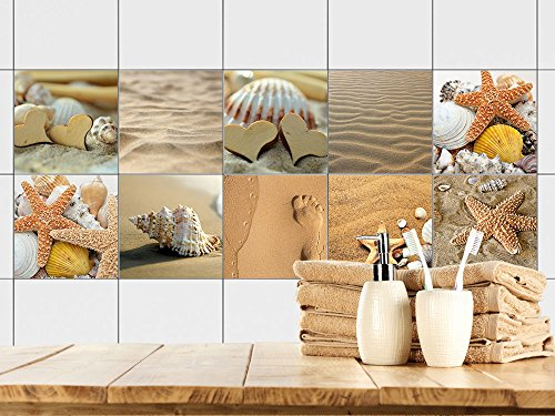 GRAZDesign Fliesenaufkleber Set Sand Strand Meer Urlaub, wasserfest für Bad & Küche, Klebefliesen - Set 10 Stück
