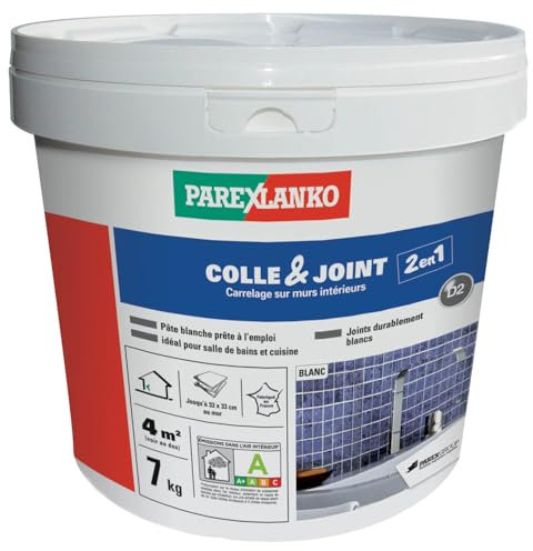 Parexlanko - Colle carrelage et joint en pâte - Colle & Joint 2 en 1 - Blanc - Pour mur intérieur - Spécial pièces humides - Prête à l’emploi - 7kg