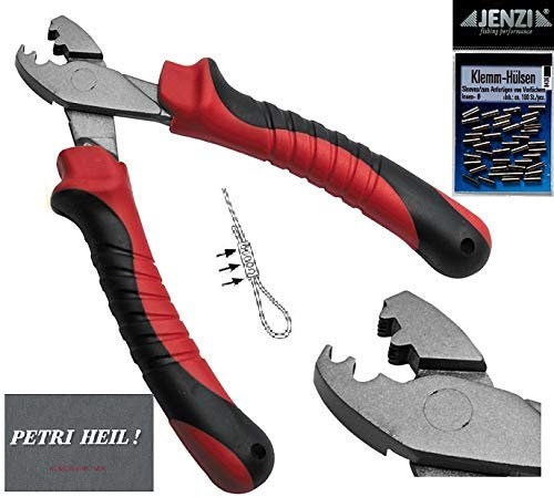 Klemmhülsen Set mit Hülsenzange und ca. 100 Jenzi Quetschhülsen 0,6-1,8mm + gratis Petri Heil! Aufkleber (0,8mm)