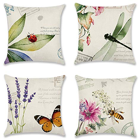 Artscope 4er-Set Dekorativ Kissenbezug 45 x 45 cm, Polyester Leinen Kissenbezüge Dekokissen Kissenhülle Set Kissen Fall für Sofa Auto Schlafzimmer Zuhause Dekor (Libelle/Schmetterling)