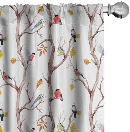 ABAKUHAUS Herbst Vorhänge, Gardinen, Vögel auf einem Baum Art Design, Fensterbehandlungen für Wohnzimmer Schlafzimmer Dekor, 2 Stück 75 cm b x 175 cm h, Dunkler Pfirsich und Multicolor