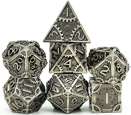 World of Dice Steampunk Polished - 7-teiliges Pen and Paper Würfelset aus Metall, mit Zahnrädern, Metall Würfel (ohne Etui, Silver)