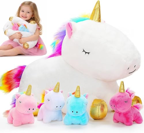 KMUYSL Mommy Plush Toys with 4 Babies, Stuffed Animal for Kids, Unicorn