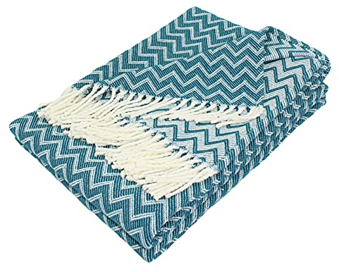 Moon Luxury Decke aus Baumwollmischung ca. 170x230 Kuscheldecke Zick-Zack Muster Tagesdecke mit Fransen leicht & kuschelig (weiß/Petrol)