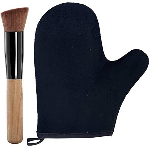 2-teiliges Selbstbräunungs-Handschuh-Applikator-Set, 1 selbstbräunender Handschuh und 1 selbstbräunender Pinsel, hellbrauner Handschuh für selbstbräunendes Backen, Sunless Tan (schwarz)