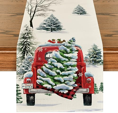 Artoid Mode Aquarell Lastkraftwagen Bäume Weihnachten Tischläufer, Saisonnal Winter Küche Tisch Dekoration Drinnen Urlaub Party Dekor 40x140 cm