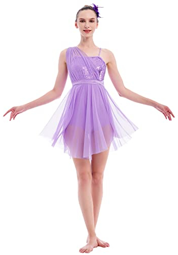 ODASDO Frauen Lyrical Dance Kostüm Modern Zeitgenössische Dancewear Pailletten Tüll Trikot Kleid mit Blume Haarspange, Veilchen, Klein