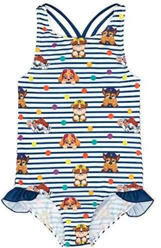 Paw Patrol Swimsuit for Girls | Childrens Toddlers All in One Striped Navy Frill Swimming Costume | Skye Rubble Chase Marshall
