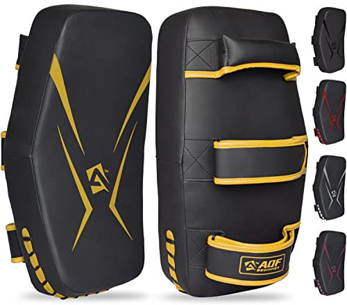 AQF Thai Pads für Kickboxen Muay Thai Pad mit festem Griff, Maya Leder Gebogene Strike Schild für Boxen MMA Kampfsport Taekwondo, Training Sport (Single, Gold)