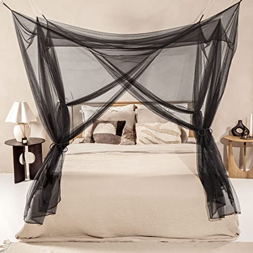 Moskitonetz für Doppelbett Schwarz - 6 Hängeschlaufen und 4 seitliche Öffnungen - dekorative rechteckige Form für Zuhause & Reise - Betthimmel-Aufhängeset & Tragetasche inklusive - 210 x 200 x 200 cm