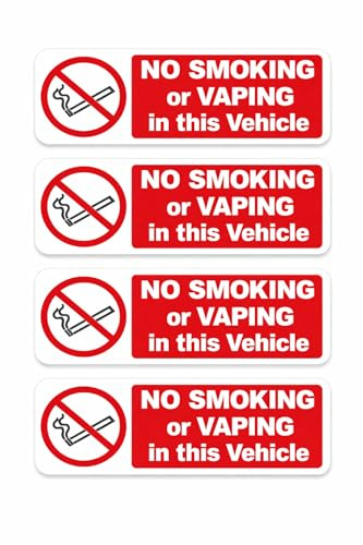 No Smoking or Vaping Vehicle Stickers 4 Pack – 150 x 50 mm | Cars taxis vans | Self adhesive vinyl | Clear passenger reminder | Professional interior display