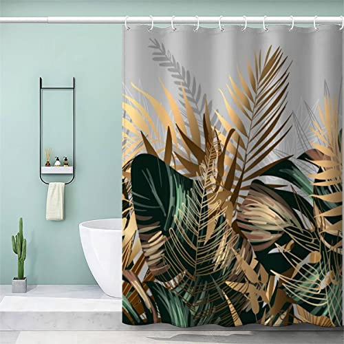 VULORA Tropisches Palmblatt Duschvorhang Anti Schimmel 120x180 Gold Grün Wasserdicht Polyester Stoff Badevorhang Waschbar Badewanne Vorhang für Badezimmer mit 12 Duschvorhangringen Shower Curtains