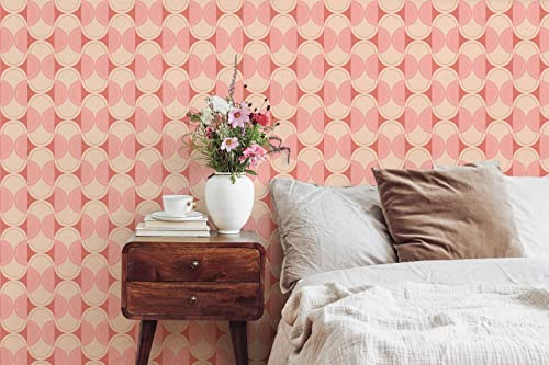 New Walls Retro Tapete 70er Stil Vliestapete geometrisches Kreismuster Rot, Rosa, Beige | 10,05 x 0,53 m