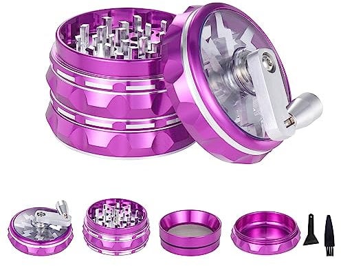 TIRIRS 2.5 4 Pieces Hand Cranked Clear Top Herb Grinder - Aluminium Spice Grinder with Pollen Scraper and Cleaning Brush, Foldable Handle - Purple and Silver.