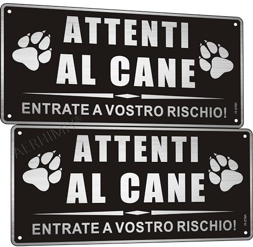 Cartello Attenti Al Cane Alluminio Spazzolato 15x30cm, Attenti al Cane Metallo, Protezione UV, Impermeabile, Con Fori, Nero
