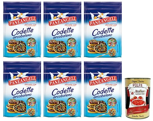 Italian Gourmet Codette Arcobaleno decorazioni dolci zucchero bunt 6 x 50g | Confetti allungati multicolore per torte e gelati; wiederverschließbarer, Gesamtnettogewicht 300 g + Kostenlos Polpa 400g