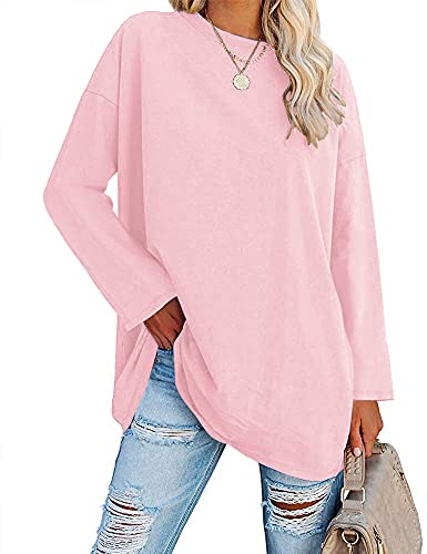 Ebifin Oversized T Shirts Women Long Tops Long Sleeve T Shirt Crewneck Tunic Tops Bluse Sweatshirts.Pink.XL