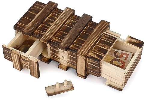 FunX Holztresor mit Geheimfächern – Kreative Geldgeschenkbox für Hochzeit, Geburtstag, Jugendweihe, Hölzerne Hochzeit – Magische Rätselbox aus Echtholz - 15 x 8,5 x 5 cm