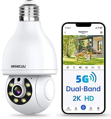 WESECUU Light Bulb Security Camera, 2.4G/5G WiFi Security Cameras Wireless Outdoor,Bulb Camera for Home Security, 2-Way Talk, Human Detection, Color Night Vision, Compatible with Alexa (One Pack)