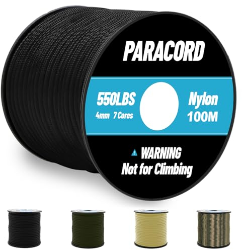 Omtofo 100M Paracord 550 Nylon Seil 4mm, 7 Kern-Strängen Paracord Schwarze Fallschirmschnur Nylonschnur für Armband, Leine, Halsband, Survival Paracord Max. 250kg (550lbs)