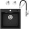 Fregadero de Granito Negro 45 x 45 cm Con Grifo Flexible de Cocina - 2 Tipos de Chorros de Agua - Empotrable Rectangular