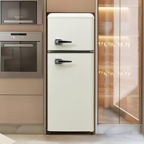 Réfrigérateur rétro,Congélateur armoireé clairage LED combinaison réfrigérateur congélateur, à deux portes, volume total de 92 litres avec 28 litres de capacité de congélation (Antique White)
