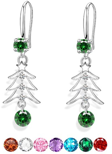 Sfoni Christmas Tree Earrings, S925 Silver Sparkling CZ Crystal Dangling Earings Rhinestone Xmas Tree Earrings Dangle Hook Earring Jewellery Gifts for Women Lady Teen Girls, Green