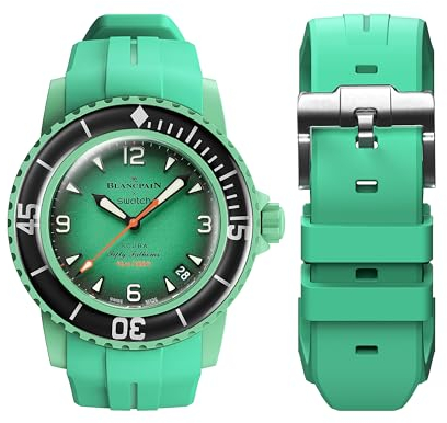 BONACE Armband für Blancpain Swatch,gebogenes,weiches Gummi,Ersatzband für Swatch Blancpain Fifty Fathoms,22 mm Schnellverschluss-Armband für Blancpain x Swatch Herren Damen (Grün)