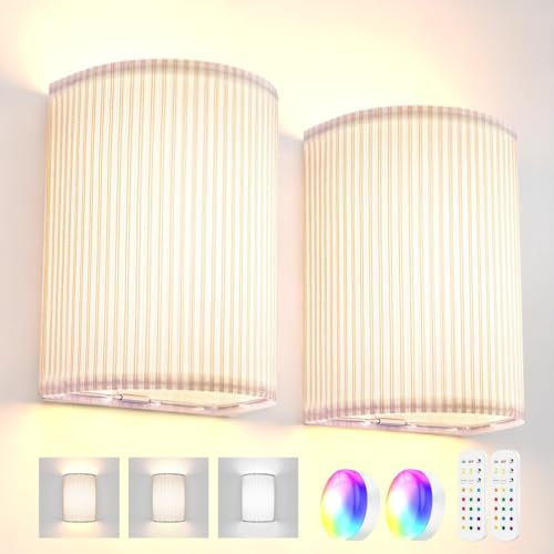 LABOREDUCER Battery Operated Wall Sconces Set of 2,3000mAh Battery Rechargeable Wall Sconce RGB 3 Colors Temperature Dimmable,Battery Operated Wall Lights with Remote Wall Lamp has 15 Static Colors