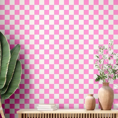 Drydiet Retro Checkered Peel and Stick Wallpaper 70s Funky Checkered Contact Paper Geometric Waterproof Wallpaper Neutral Checkerboard Decor for Bathroom Cabinet(Pink,16.4' X 15.75'')