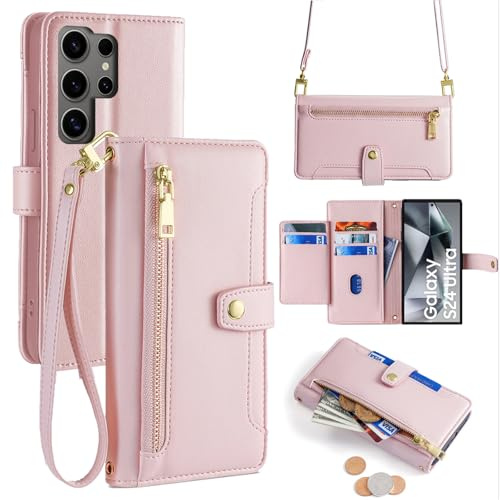 Handykette kompatibel mit Samsung Galaxy S24 Ultra | Leder Handyhülle mit Kartenfächern | Handyhülle zum Umhängen | Rosa