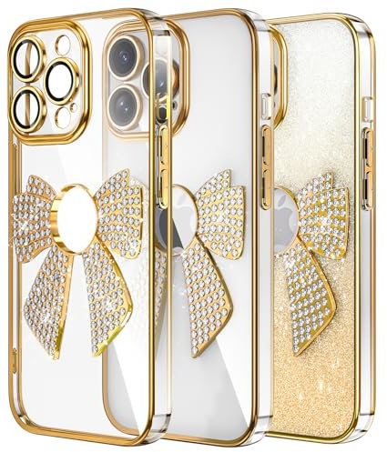 IMIRST Diamond Phone Case Compatible with iPhone 13 Pro Max (6.7'') Electroplated Bling Glitter Silicone Shell Shockproof Protective Cover Bumper Bow Tie Case for Apple iPhone 13 Pro Max. KD Gold